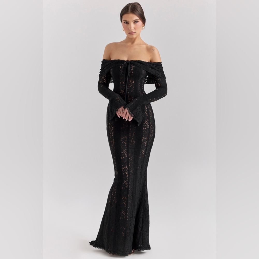House of CB Black Off-Shoulder Lace Mermaid Gown